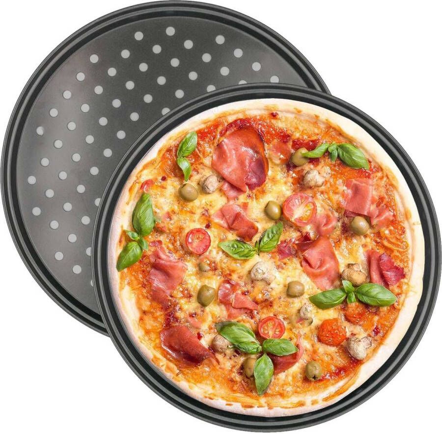 Intirilife 2x Ronde pizzaplaat van koolstofstaal in Zwart 32 x 1.5 cm Ronde bakplaat voor pizza knapperige plaat geperforeerd anti-aanbak