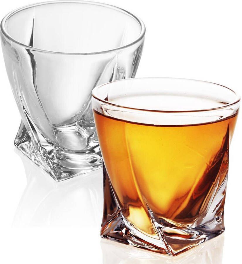 Intirilife 2x whiskyglas in CRYSTAL CLEAR 'TWISTED' ouderwets whisky kristallen glas loodvrij in sculpturaal design vaatwasserbestendig perfect voor scotch bourbon whisky en nog veel meer