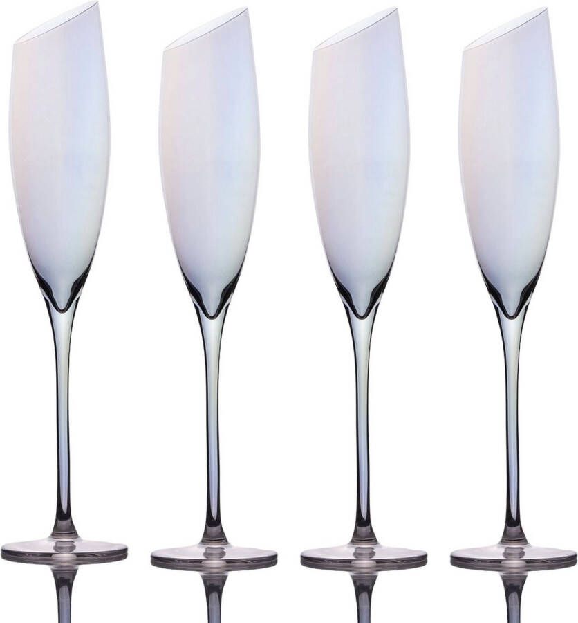 Intirilife 4x Champagneglas met moderne rand en regenboogglans 150 ml inhoud Mousserende wijn Prosecco glas Vaatwasserbestendig Kristalglas schokbestendig