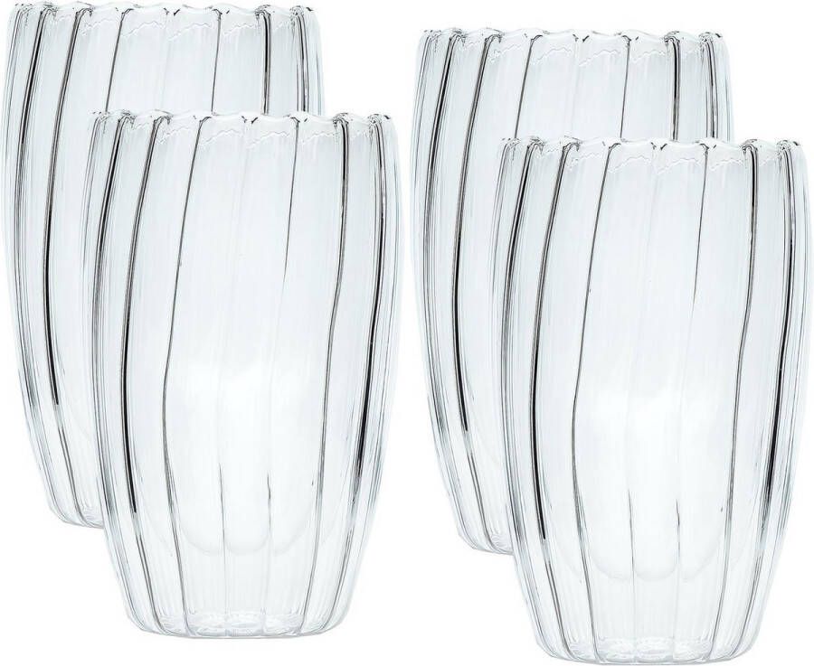 Intirilife 4x Dubbelwandig thermoglas Gestreepte stijl 350 ml inhoud Mondgeblazen geïsoleerd voor latte macchiato als theeglas of koffieglas met handvat