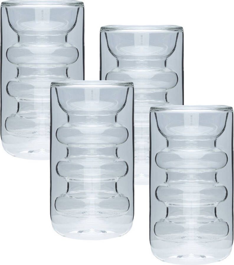 Intirilife 4x Dubbelwandig thermoglas stijl met groeven 260 ml inhoud Mondgeblazen geïsoleerd voor latte macchiato als theeglas of koffieglas met handvat