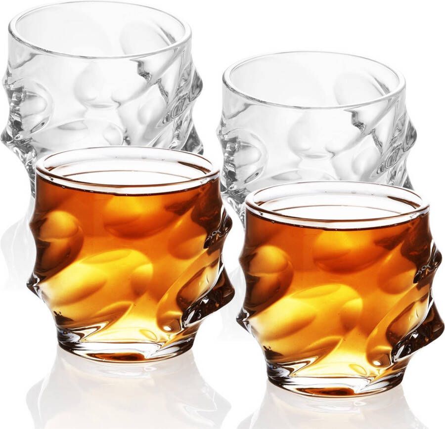 Intirilife 4x whiskyglas in CRYSTAL CLEAR 'SCULPTURED' Old Fashioned Whiskey Crystal Glass Loodvrij in Sculpture Design vaatwasserbestendig perfect voor scotch bourbon whisky en nog veel meer