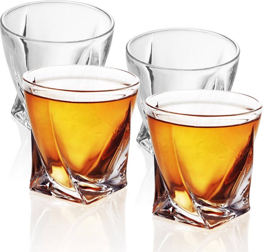 Intirilife 4x Whisky Glass ´TWISTED´ in CRYSTAL CLEAR – Tumbler Ouderwetse Whiskey Crystal Glass Loodvrij in sculptuur Design vaatwasmachinebestendig – Whisky Scotch Bourbon Glaswerk voor mannen