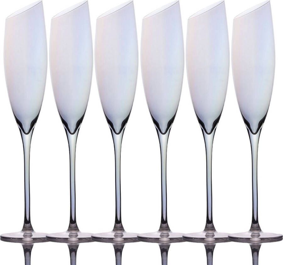 Intirilife 6x Champagneglas met moderne rand en regenboogglans 150 ml inhoud Mousserende wijn Prosecco glas Vaatwasserbestendig Kristalglas schokbestendig