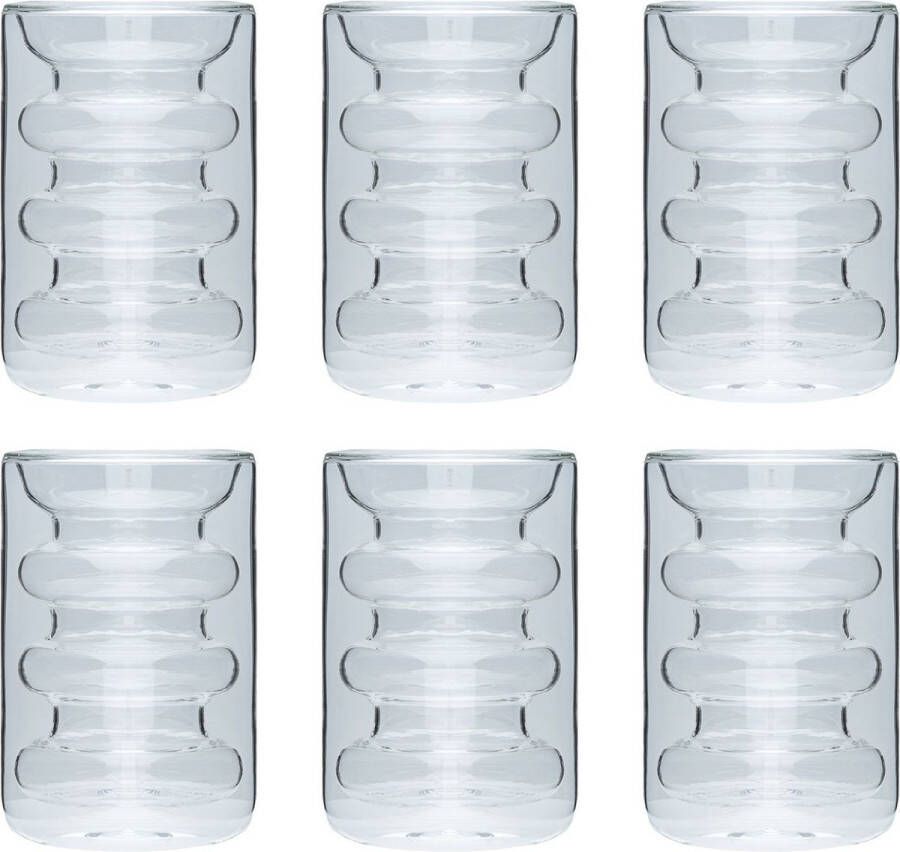 Intirilife 6x Dubbelwandig thermoglas stijl met groeven 190 ml inhoud Mondgeblazen geïsoleerd voor latte macchiato als theeglas of koffieglas met handvat
