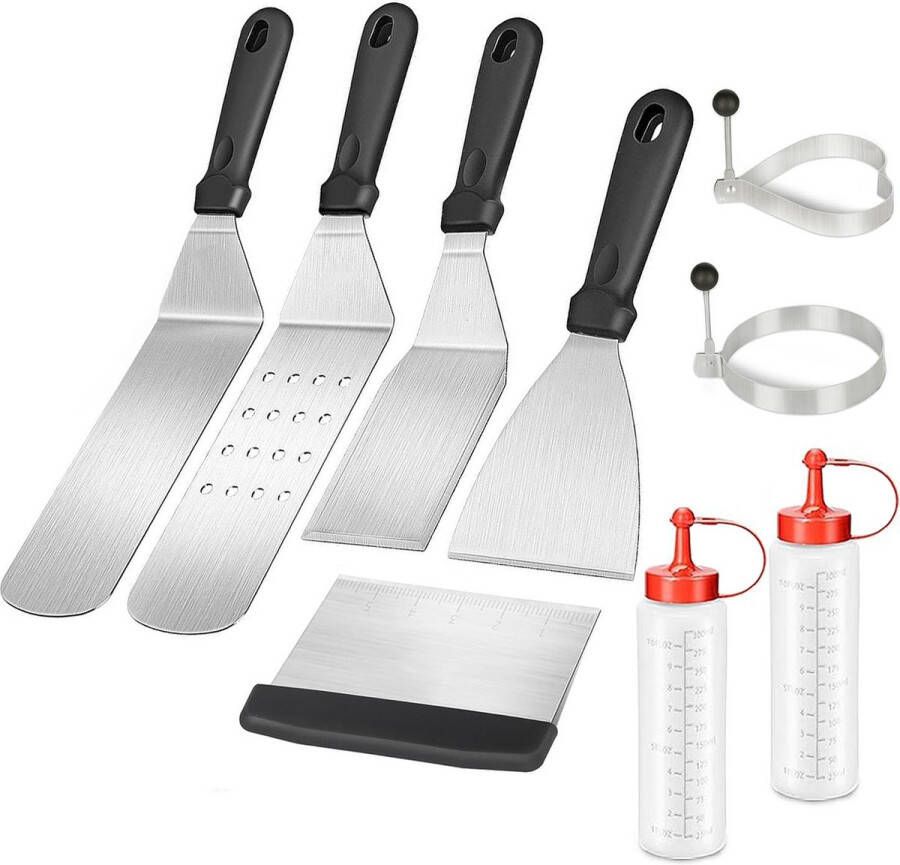 Intirilife 9-delige grillgereedschapset van roestvrij staal 2 spatels 2 flessen 2 eiringen 1 hamburgerwender 1 schraper en 1 deegkaart BBQ-accessoires voor tuin camping grillgereedschap