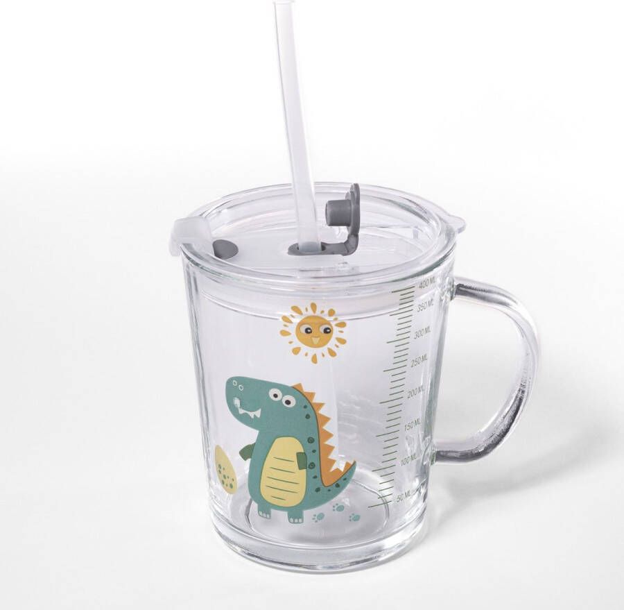 Intirilife Doorschijnende kinderbeker met deksel schaal en rietje met Dinosaurus ontwerp 400 ml Drinkglas met handvat met schattig motief veilig drinken zonder morsen