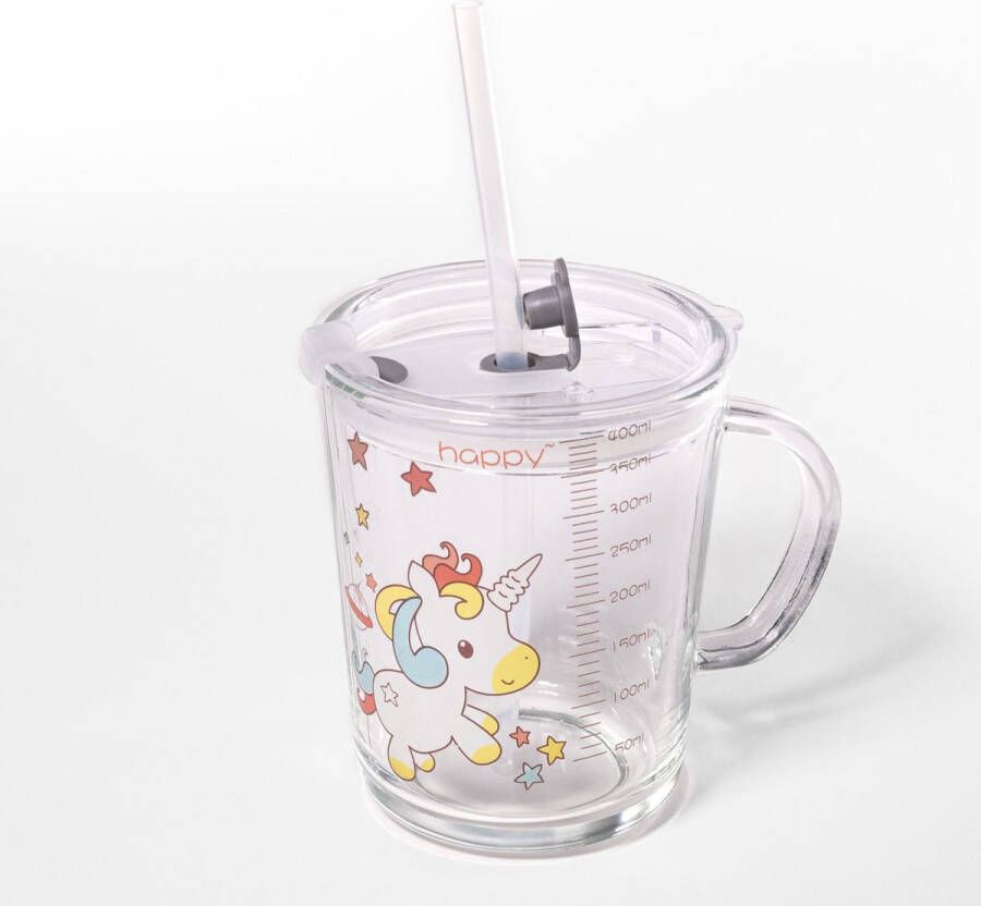 Intirilife Doorschijnende kinderbeker met deksel schaal en rietje met Eenhoorn ontwerp 400 ml Drinkglas met handvat met schattig motief veilig drinken zonder morsen