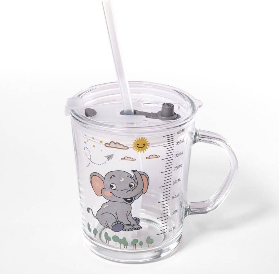 Intirilife Doorschijnende kinderbeker met deksel schaal en rietje met Olifant ontwerp 400 ml Drinkglas met handvat met schattig motief veilig drinken zonder morsen