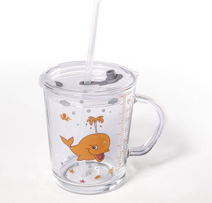 Intirilife Doorschijnende kinderbeker met deksel schaal en rietje met Walvis ontwerp 400 ml Drinkglas met handvat met schattig motief veilig drinken zonder morsen