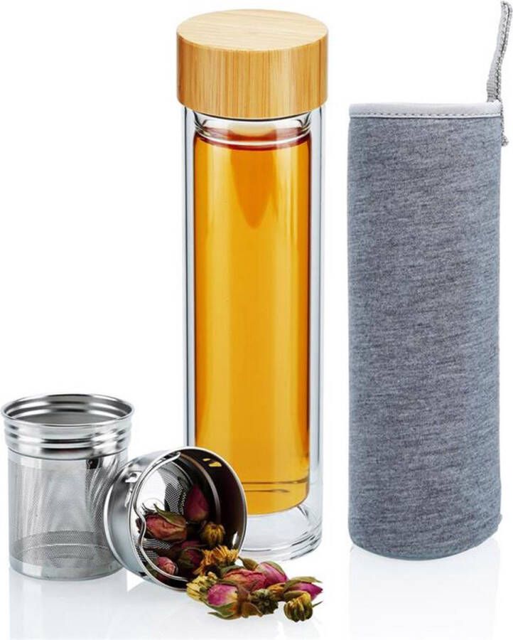 Intirilife dubbelwandige thermosfles met zeef in 400 500 ml thermosfles theedrinkfles mondgeblazen geïsoleerd borosilicaatglas met roestvrijstalen infuser filterinzet neopreen buitenzak bamboe deksel