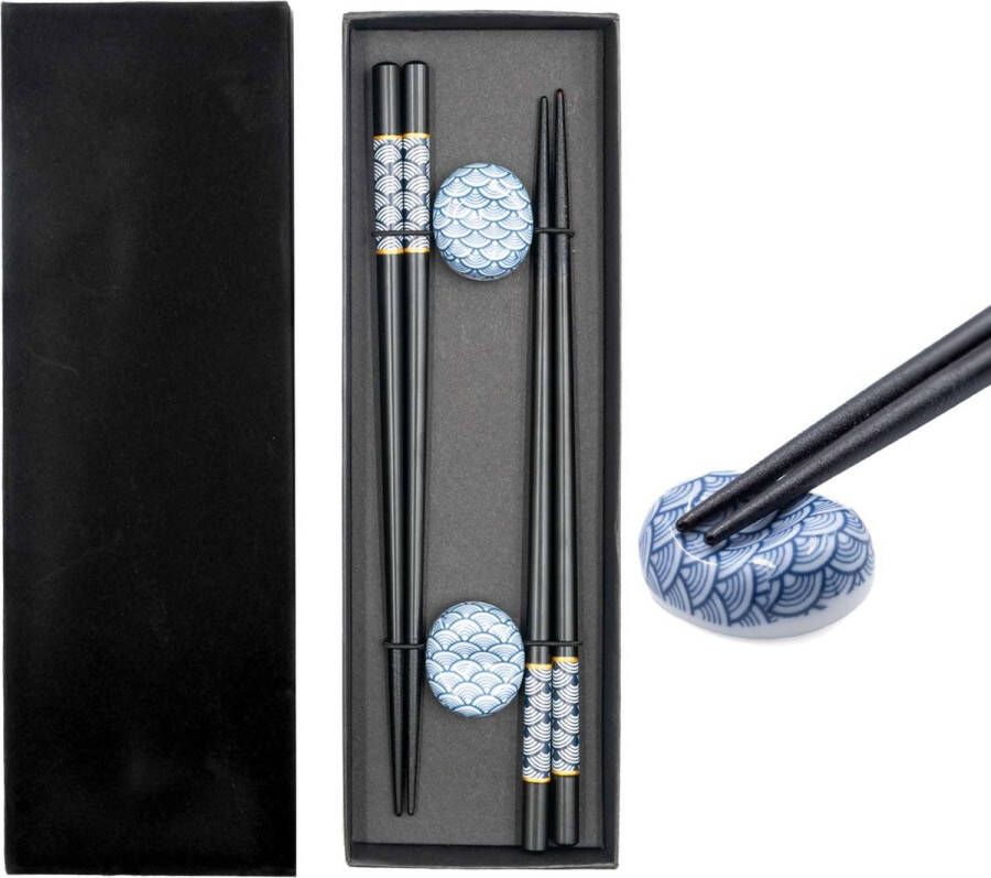 Intirilife Eetstokjes Set in Zwart met Blauw waaierspatroon 2 paar eetstokjes 22.7 cm lengte met 2 eetstokjeshouders 3.5x2.8x1.4 cm Herbruikbare Sushi Eetstokjes Chinees Japans
