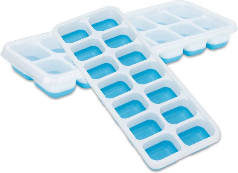 Intirilife IJsblokjesvormen in blauw set van 4 à 14 vakken ijsblokjesvormen met deksel afsluitbaar en stapelbaar met flexibele bodem