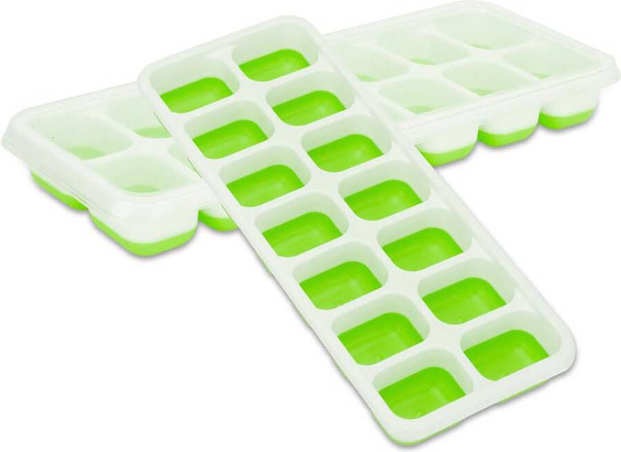 Intirilife IJsblokjesvormen in groen – set van 4 à 14 vakken ijsblokjesvormen met deksel – ijsblokjeshouder afsluitbaar en stapelbaar met flexibele bodem