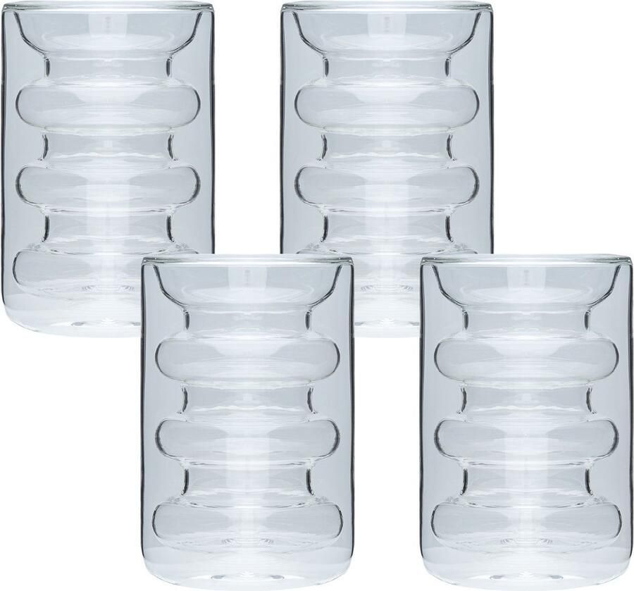 Intirilife 4x Dubbelwandig thermoglas stijl met groeven 190 ml inhoud Mondgeblazen geïsoleerd voor latte macchiato als theeglas of koffieglas met handvat
