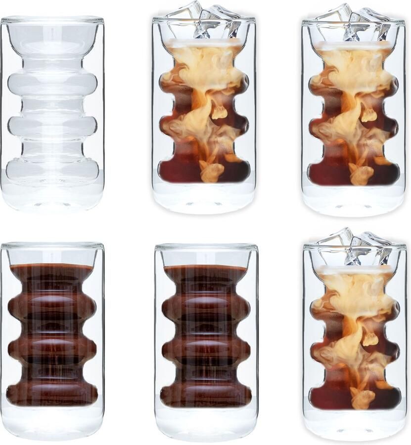 Intirilife 6x Dubbelwandig thermoglas stijl met groeven 260 ml inhoud Mondgeblazen geïsoleerd voor latte macchiato als theeglas of koffieglas met handvat