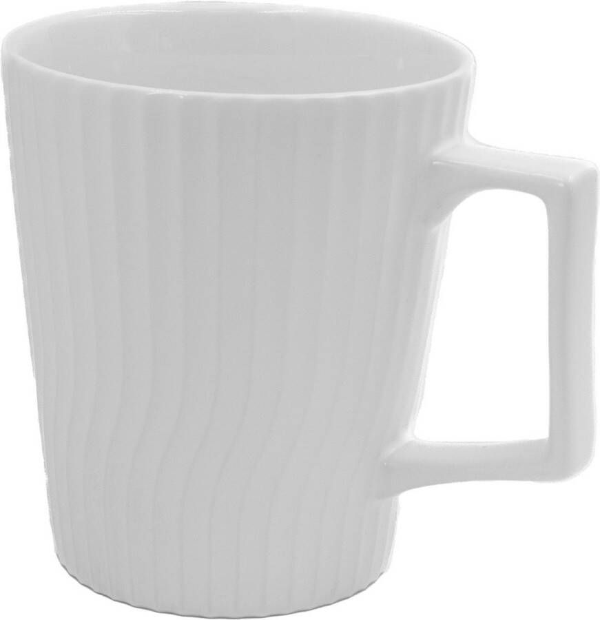 Intirilife Koffiekop in Wit een inhoud van 400 ml 12.5 x 7.1 9.4 x 10.5 cm Theekopje met geribbeld patroon mok met handvat drinkbeker voor koffie thee melk cacao en nog veel meer