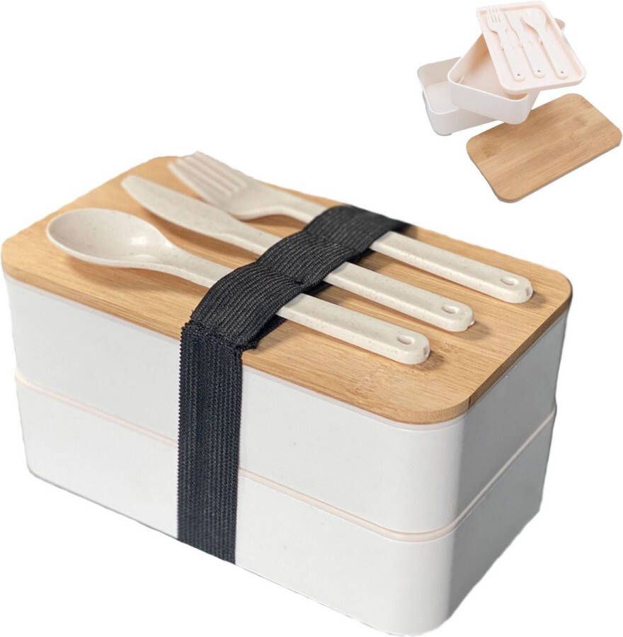 Intirilife Lunchbox Bento Box met 3 compartimenten en bestek in het Wit 18.5 x 10.5 x 9.3 cm Broodtrommel voor volwassenen kinderen voor school werk veilig afsluitbaar met mes vork lepel