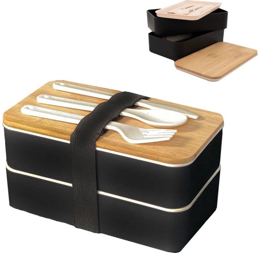 Intirilife Lunchbox Bento Box met 3 compartimenten en bestek in het Zwart 18.5 x 10.5 x 9.3 cm Broodtrommel voor volwassenen kinderen voor school werk veilig afsluitbaar met mes vork lepel