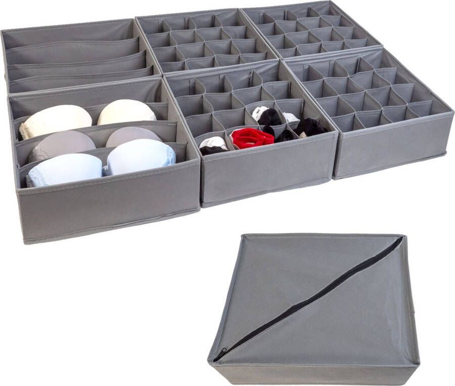 Intirilife opbergboxen organizersysteem 6-delig voor laden gemaakt in grijs Twee 4-compartiment boxen 33x26x11 Vier 16-compartiment boxen 28 5x26x11 cm Opvouwbare organizer voor ondergoed sokken