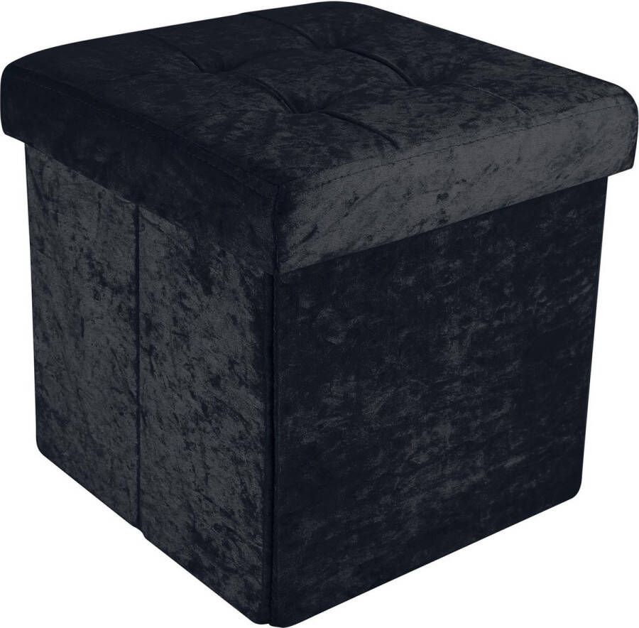 Intirilife Opvouwbare zitpoef 30x30x30 cm in fluweel zwart zitkubus met opbergruimte en deksel met fluwelen bekleding zitkubus voetsteun opbergdoos kist zitbank