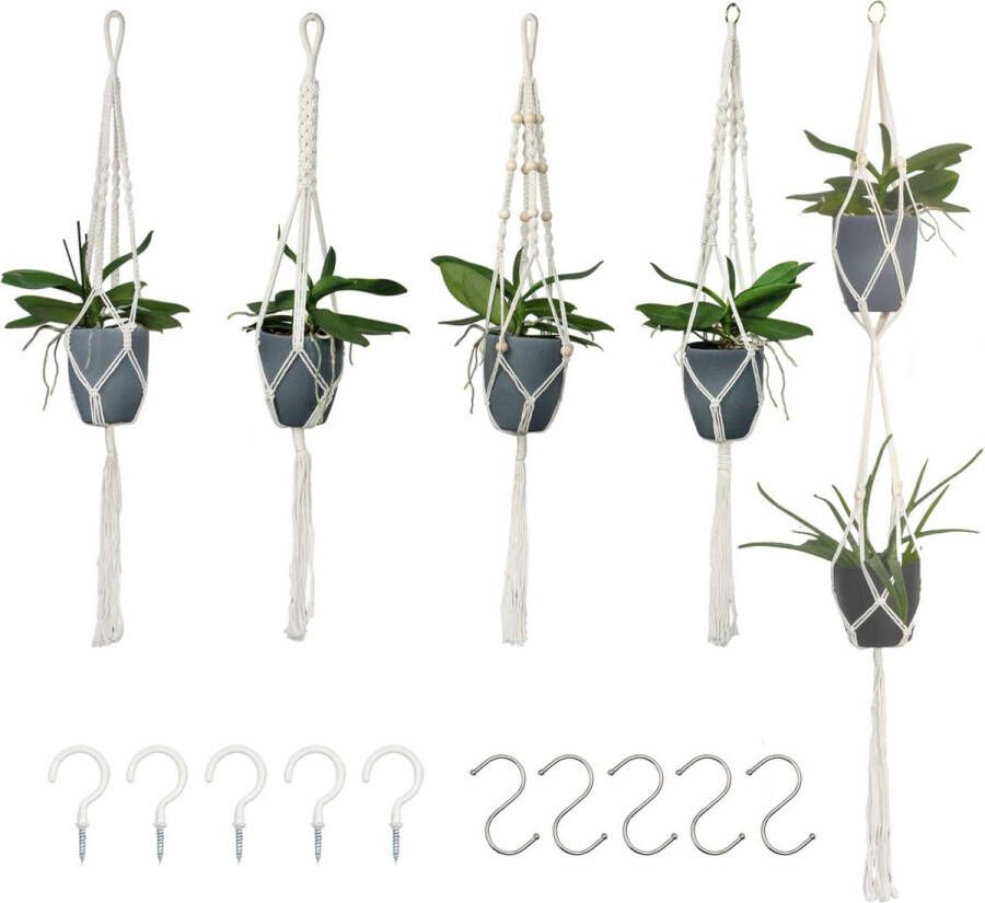 Intirilife Set van 5 Macrame hangende Bloempotten in Wit met ophangsysteem Plantenhanger plantenhouder gemaakt van katoenen touwen met bijpassende haken om op te hangen