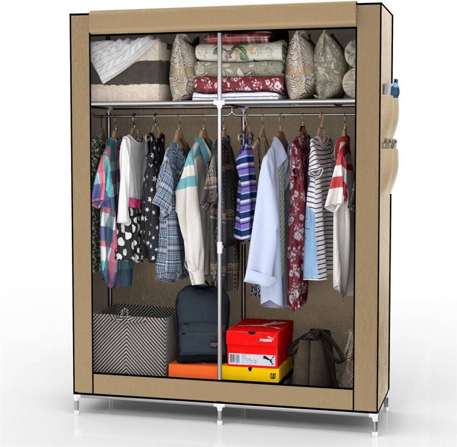 Intirilife Vouwkast 108x170x45 cm in crème beige met ritssluiting stoffen kast kledingkast met kledingstang vakken en zijzak camping steekkast textiel garderobe