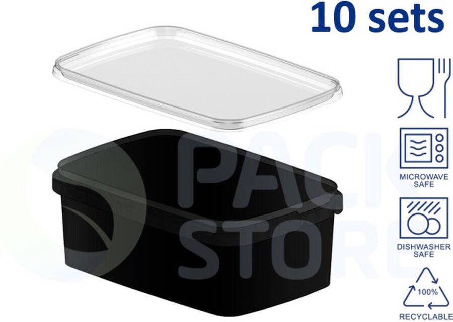 Intopack 10 x zwarte plastic bakjes met transparant deksel 1200 ml vershoudbakjes meal prep bakjes rechthoekig transparant geschikt voor diepvries magnetron en vaatwasser Nederlandse producent