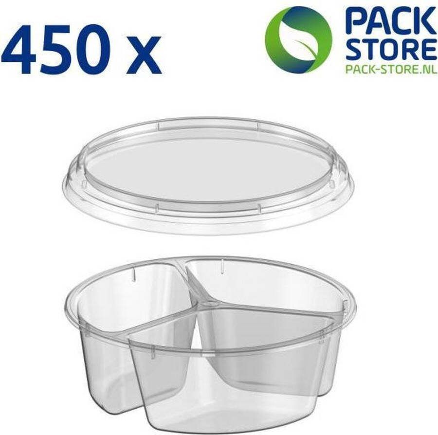 Intopack 450 x ronde plastic bakjes met deksel 3-vaks verdeling 95ml Ø122mm tapas bakje kruidenboter bakje vershoudbakjes meal prep bakjes – transparant geschikt voor vaatwasser diepvries en magnetron Nederlandse producent