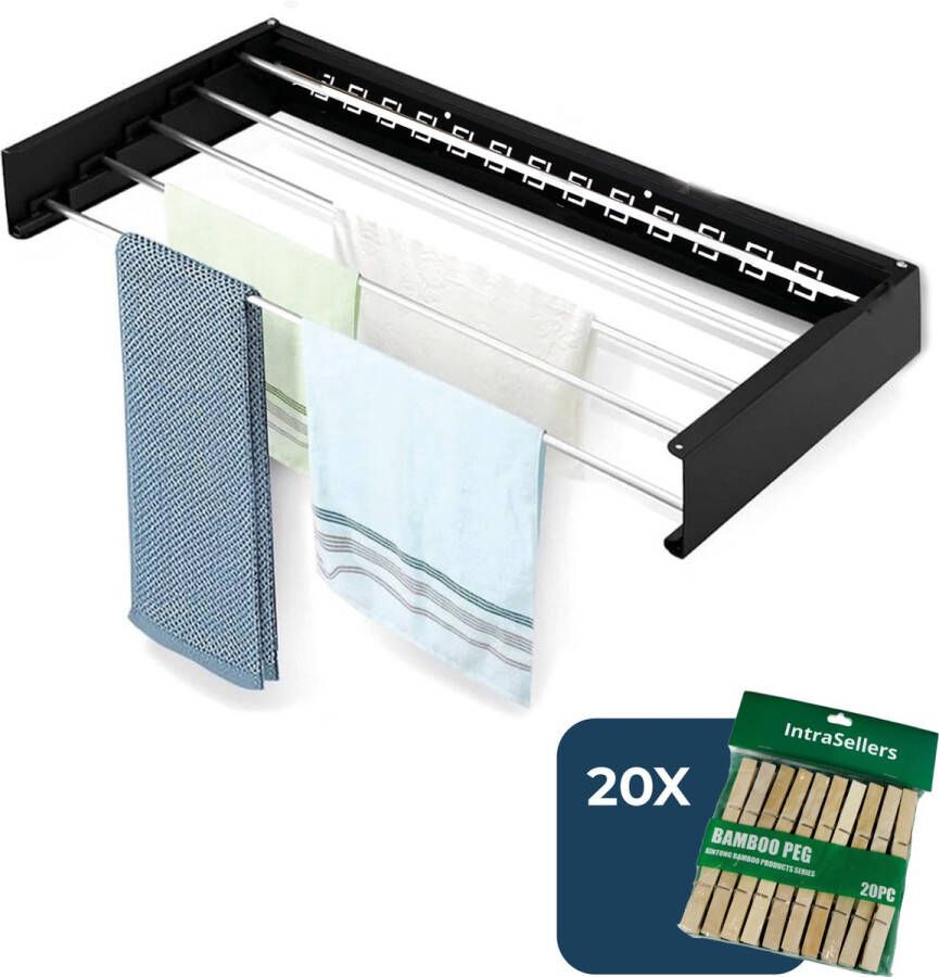 IntraSellers Wanddroogrek 100cm Incl 20 Wasknijpers – 5m drooglente Droogrek Hangend Wasrek Inklapbaar Droogrek Inklapbaar Hangdroogrek Wasrek Hangend Droogrek Muur