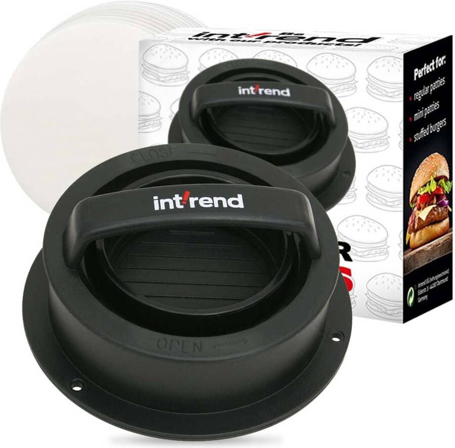 Intrend int!rend 3 in 1 Burgerpers maak je eigen hamburgers Burgermaxi-set 60 Patty Papers Keukengerei Barbecue-accessoires Hamburgerpers Druk op burger press zwart