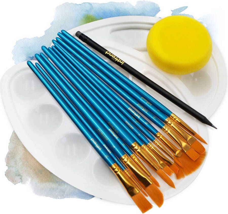 Int!rend Brush Set 16-delig 12 Premium Painting Brushes 2 Mixing Pallets 1 Sponge 1 Pencil Set Artist Brush for Acrylic Paints Aquarel Olieverf Accessoires Painting & School