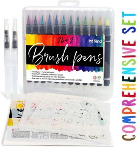 Intrend int!rend Watercolour brush pens 39x Set 24 bright watercolour pens 2 water tank brushes 8 sheets of watercolor paper 5 stencil templates For bullet journal calligraphy lettering