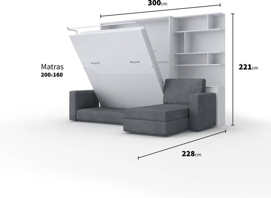 Invento SOFA MAX Verticaal Vouwbed Inclusief Hoekbank + Kast Opklapbed Bedkast Wit Mat 200x160