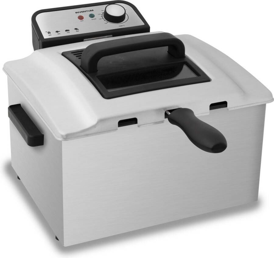 Inventum GF750S Frituurpan 5 liter Tot 190 graden 3000 watt Koude zone 1 grote 2 kleine manden Anti reukfilter Kijkvenster Friteuse RVS Zwart