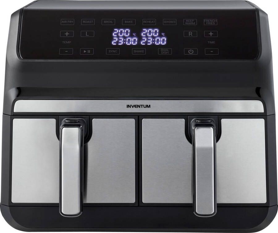 Inventum GF800HLD Dubbele airfryer Hetelucht friteuse 2 x 4 liter 8 programma's Dual cook functie 80 tot 200 graden 1700 watt Zwart RVS