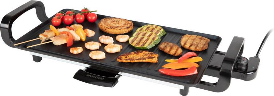 Inventum GP450B Tafelgrill Glad geribbeld grilloppervlak 45 x 25 cm Anti aanbaklaag 2000 watt Bakplaat Zwart