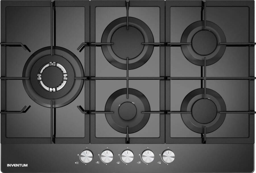 Inventum IKG7523WGGL Inbouw gaskookplaat 75 cm 5 kookzones Wokbrander Gas-op-glas Gietijzeren pandragers Zwart