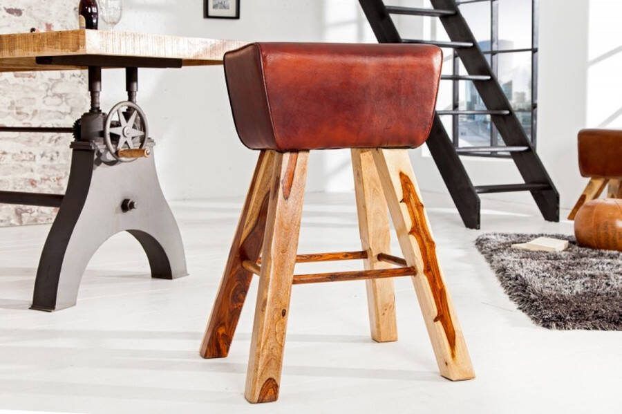 Invicta Interior Retro barkruk TURNBOCK 75cm met echt leren bekleding mangohouten barstoel 36815