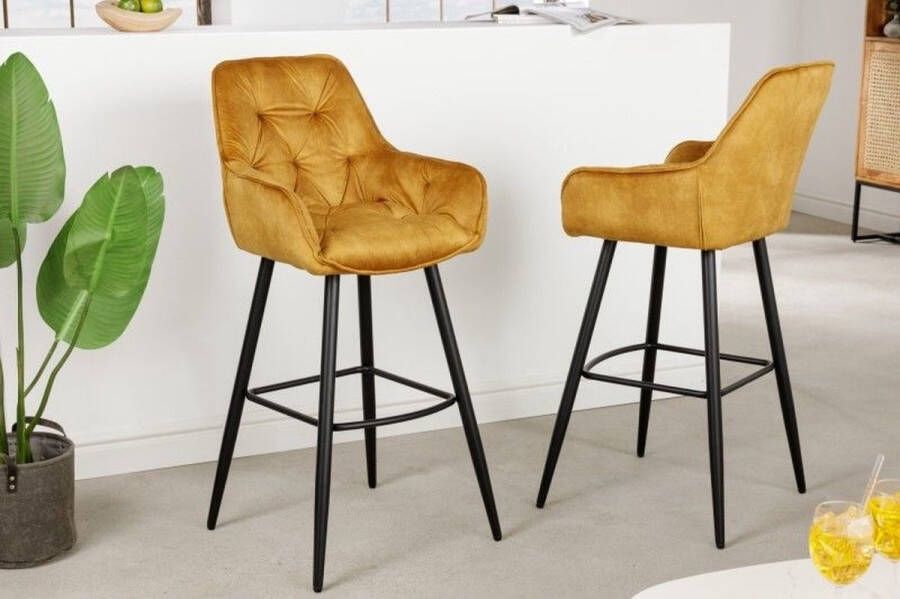 Invicta Interior Design barkruk MILANO mosterdgeel fluwelen barstoel met Chesterfield quilting 41959