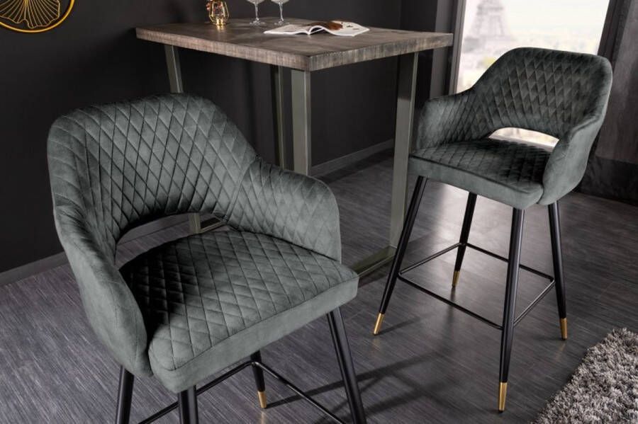 Invicta Interior Design barkruk PARIS groen fluweel met decoratieve quilting en gouden voetdoppen 41517