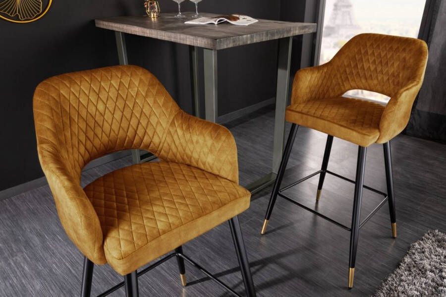 Invicta Interior Elegante barkruk PARIS mosterdgeel fluweel met decoratieve stiksels en gouden voetdoppen 41516