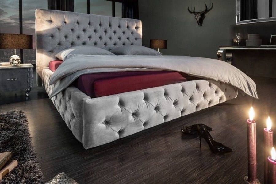 Invicta Interior Queensize tweepersoonsbed PARIS 160x200cm grijs fluweel Chesterfield design 39993