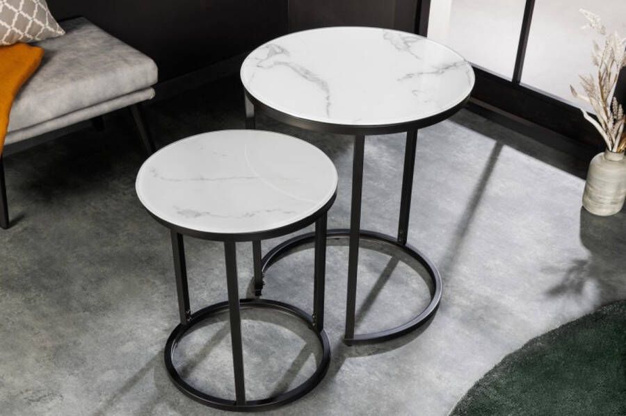 Invicta Interior Design bijzettafel ELEGANCE set van 2 wit rond kristalglas met marmer decor zwart frame 42178