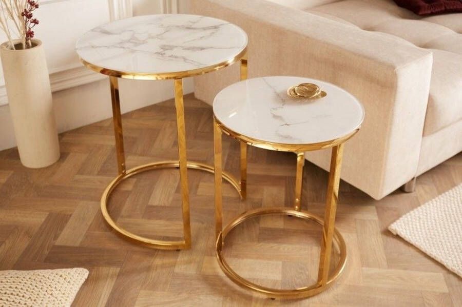 Invicta Interior Set van 2 bijzettafels ELEGANCE 50cm wit kristalglas marmer design goud metaal verchroomd rond 42197