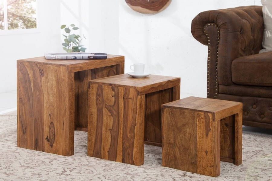 Invicta Interior Set van 3 massief houten bijzettafels MAKASSAR 45cm Sheesham steenafwerking unieke korrel 20596