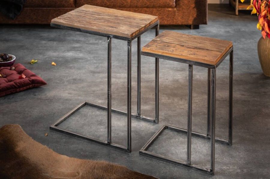 Invicta Interior industrieele set van 2 bijzettafels BARRACUDA 45cm Salholz met gebogen poten 39593