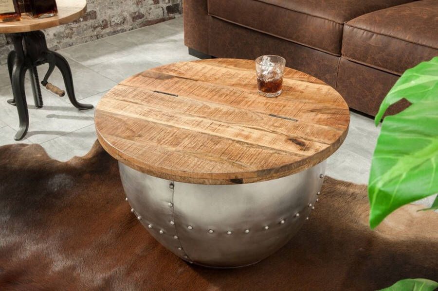 Invicta Interior Ronde salontafel DRUMP STORAGE 70cm natuurlijk zilver mangohout met opbergruimte handgemaakt Industrieel 38949