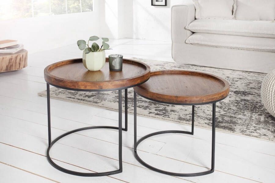Invicta Interior Set van 2 bijzettafels ELEMENTS 55cm massief acaciahout steenafwerking rond metalen frame zwart 36743