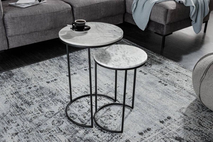 Invicta Interior Design bijzettafel set van 2 ELEMENTS 40cm wit marmer zwart frame rond 41553